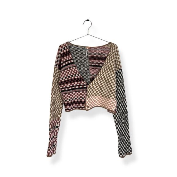 Free People Wool Blend Checkered Women's Long Sleeve Cropped Button Up Sweater - Picture 2 of 5